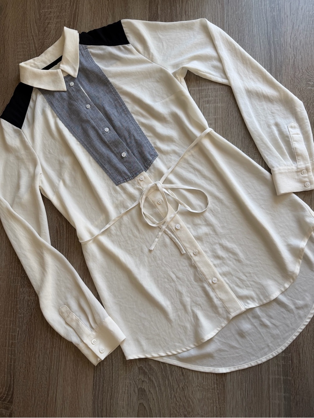 Maeve Colorblock Button Up Chambray Blouse Long Sleeve Tie Waist Size 0